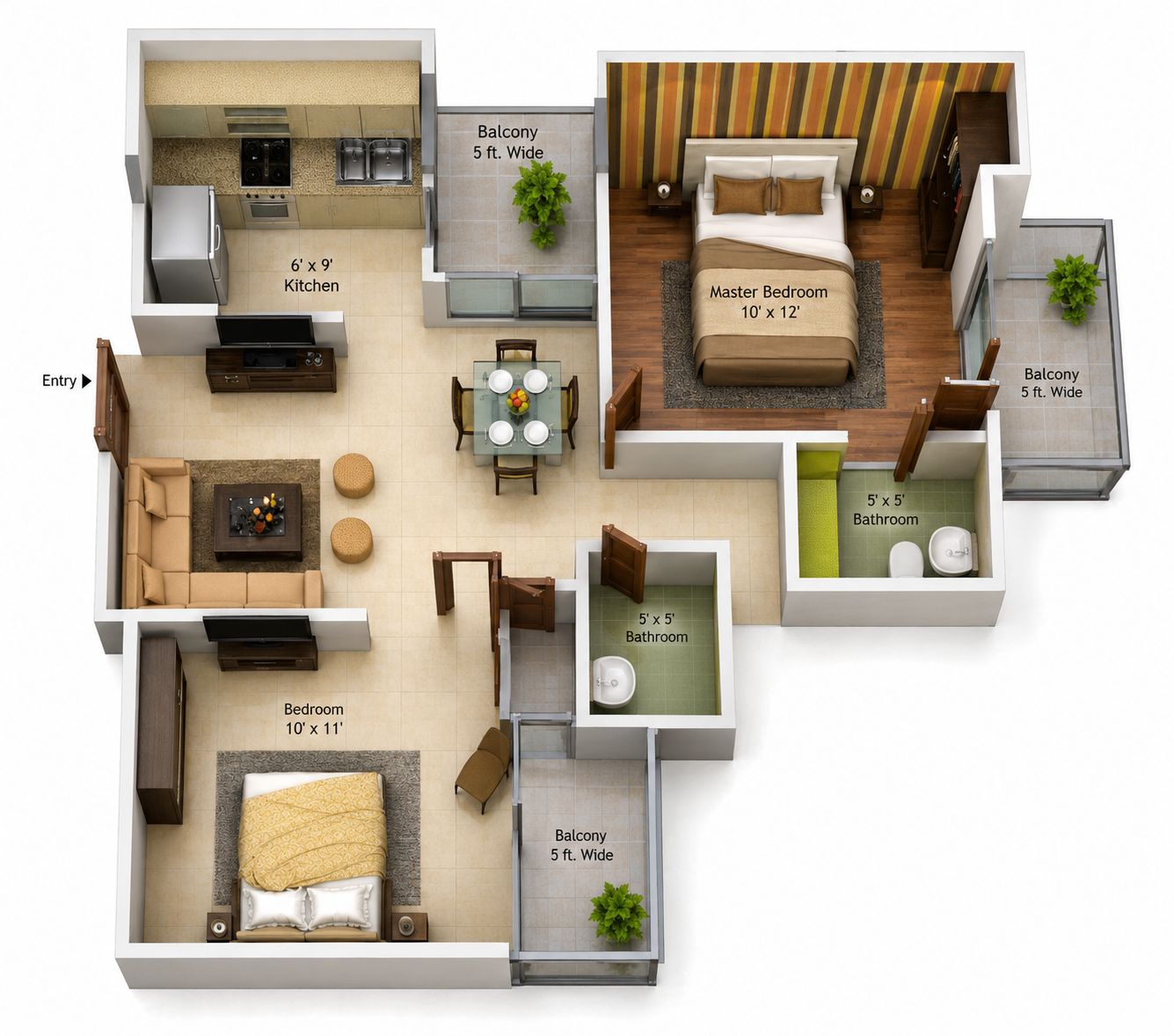 2 BHK 850 square feet floor plan